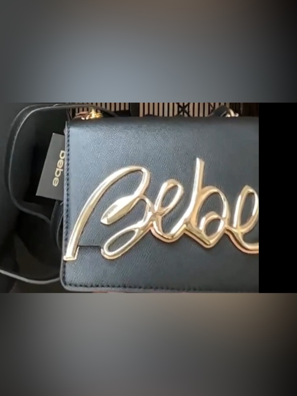 NWT bebe Black Crossbody Bag with Gold Script Logo and Chain
